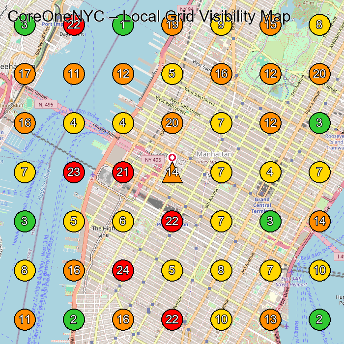 CoreOneNYC Physical Therapy Clinic GeoGrid ranking map for New York NY